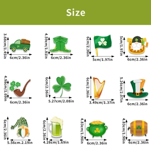 Size guide for St. Patrick's Day shamrock cupcake toppers with measurements in cm and inches