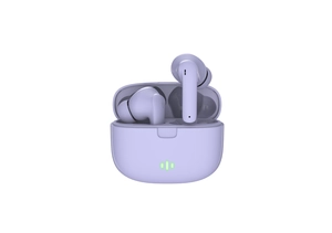 Detail view of lavender TWS A12 Pro gaming earbuds with LED battery indicators on case
