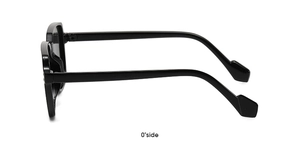 Side view detail of black fashion sunglasses with sleek temples and diamond-shaped accents