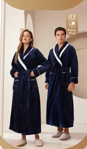 Detail of navy flannel bathrobe with thick velvet texture and white faux sheepskin trim