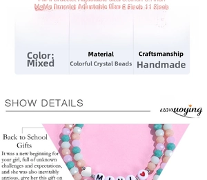 Close-up of colorful crystal bead bracelet with MAMA letters and Back to School gift card