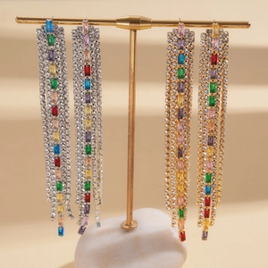 Luxury rainbow tassel drop earrings with colorful zircon stones in gold and silver plating