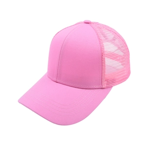 Detailed side view of pink mesh ponytail baseball cap featuring breathable grid design