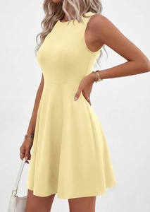 Detail of light yellow sleeveless A-line dress featuring a round neck and slim waist design