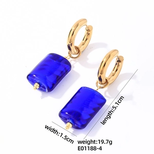 Detail of blue stone earrings with size labels, 5.1cm length, stainless steel gold hoops