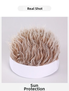 Detailed view of the creative hip-hop beanie with messy brown synthetic hair top