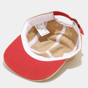 Washed cotton hip hop flat brim baseball hat in khaki and red with adjustable strap