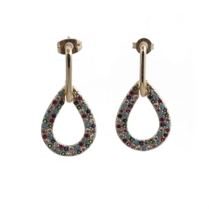Detail of gold teardrop earrings featuring multi-colored micro-pave cubic zirconia stones