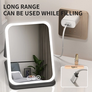 Portable rectangular LED makeup mirror with gray stand and Type-C charging port