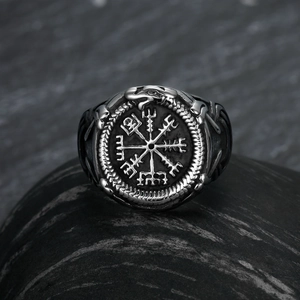 Vintage stainless steel Viking Vegvisir compass ring with Ouroboros snake design