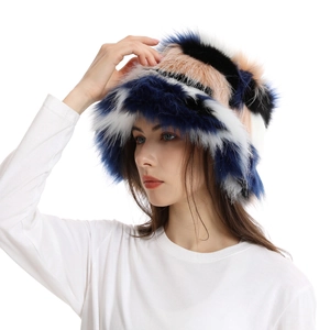 Detail of blue and black camo faux fur bucket hat showing soft fluffy texture