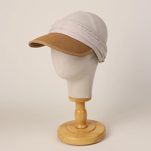 Women's UV protection open top sun hat with beige pleated fabric and brown straw brim
