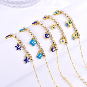 Fashion Titanium Steel Evil Eye Star Flower Ginkgo Leaf Bracelet For Women Gold Plated Rhinestone Enamel Adjustable Chain Jewelry