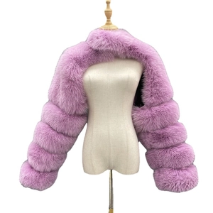Short lavender faux fox fur jacket with tiered sleeve design and fluffy plush texture