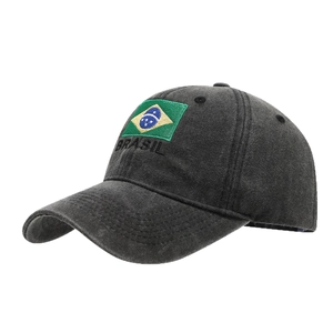 Washed dark grey vintage baseball cap featuring Brazil flag embroidery and curved brim