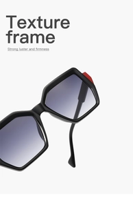 Detail of polygon acetate frames featuring a red triangle accent and gradient lenses