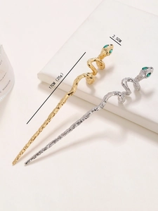 Detail view of gold and silver snake hair pins with size and weight dimensions shown