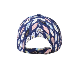 Detail view of cotton baseball cap with colorful feather prints and adjustable metal buckle