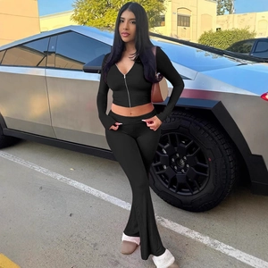 Women's 2024 winter black two-piece set with zip-up cropped hoodie and flared trousers