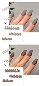Close-up of matte brown press-on nails in oval shape featuring sets JP2998 and JP3000