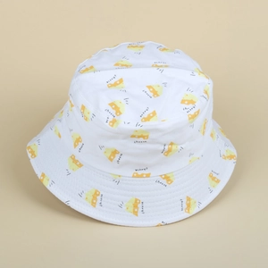 Detail of white cotton bucket hat with cute yellow cheese pattern and Cheese embroidery