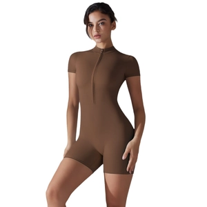 Women's mocha brown short sleeve yoga bodysuit with front zipper and slim fit style