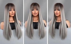 Three-view perspective of long straight black to grey gradient wig with flat bangs