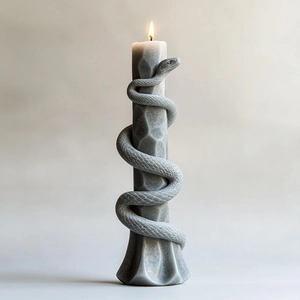 Macro shot of 3D snake textured cylinder candle with detailed scales and hammer finish