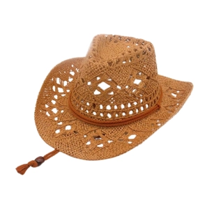 Hollow straw cowboy sun hat with wide brim and chin cord for beach travel