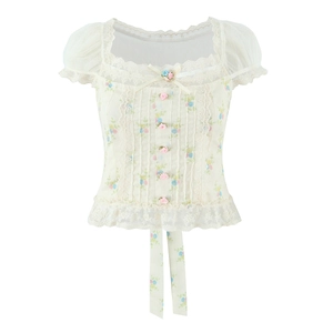 Chemisier Fleuri Vintage Français Col Carré Dentelle Mesh Patchwork Manches Bouffantes Top Décoration Rose 3D Style Doux