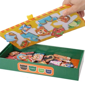 Wooden magnetic bear dress-up puzzle set with storage box for educational play