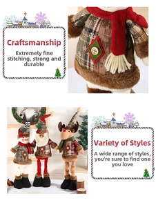 Detail of handcrafted Christmas plush dolls featuring plaid fabrics and fine stitching
