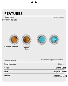 Detailed spec sheet showing S925 silver turquoise and tiger eye stone stud earrings