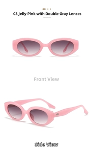 Macro detail of jelly pink oval sunglasses frame with gray gradient lenses and metal hinges