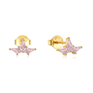 Detail of S925 hallmark on gold-plated silver earrings with pink rhombus crystals