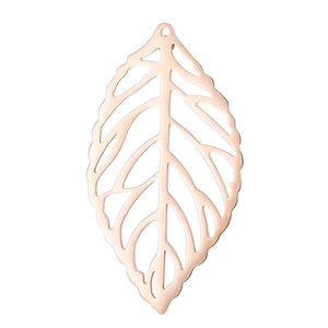 Close-up of rose gold hollow leaf pendant with detailed vein patterns on white background