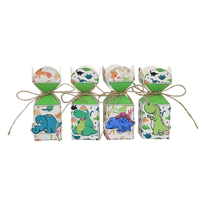 Detailed view of four dinosaur themed paper gift boxes with rustic hemp rope ties