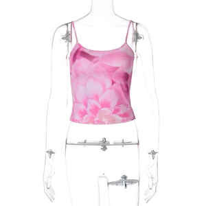 Close-up of pink floral print on a slim-fit crop top vest for women summer fashion