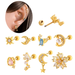 Cartilage Stud Earrings Copper Zircon Stainless Steel Post Star Moon Flower Helix Piercing Jewelry Screw Back For Women
