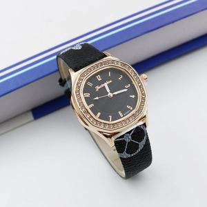 Square crystal-studded quartz watch with black patterned leather strap and rose gold case