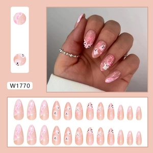 Halloween almond fake nails with pink ghost stars and grid patterns in 24 pieces set