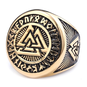 Vintage gold Nordic Viking Valknut ring with engraved runes in polished stainless steel