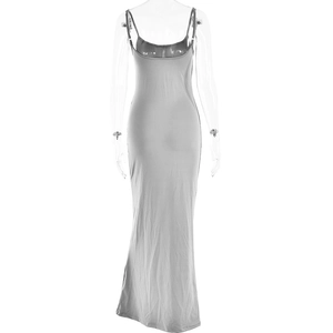 Detailed back view of a slim-fit grey maxi dress featuring an open U-shaped back design