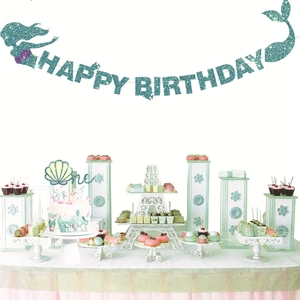 Blue sequin Mermaid Happy Birthday banner and shell cake topper set for party decor