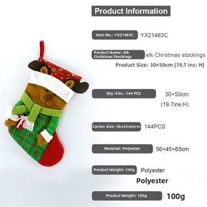 Detailed view of red and green elk Christmas stocking with dimensions 30x50cm