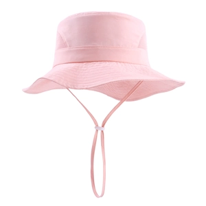 Detailed view of pink sun hat featuring breathable mesh vents and adjustable chin strap