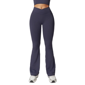 High-waist crossover yoga flare pants in navy blue with quick-dry stretch fabric