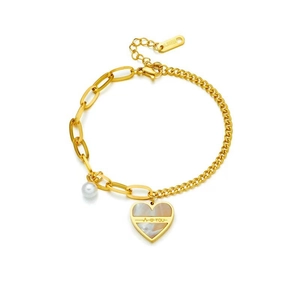 Golden stainless steel heart pendant bracelet with pearl and asymmetric paperclip chain
