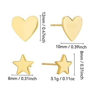 Elegant gold plated star and heart stud earrings set with detailed dimensions