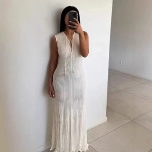 Sleeveless Knit Maxi Dress Deep V Neck Lace Up Ribbed Solid White Elegant Slim Fit Ankle Length Bodycon Party Wear